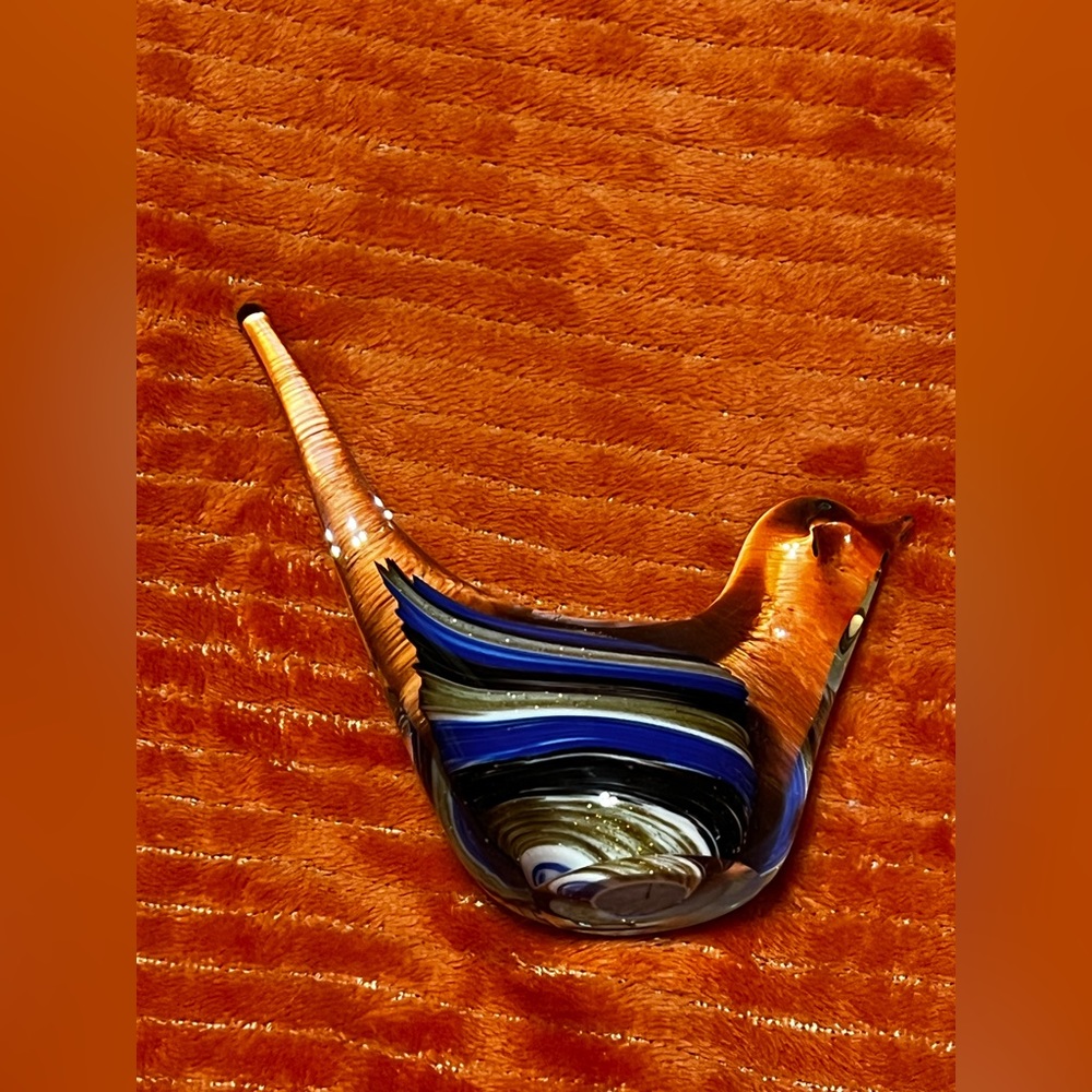 Vintage Art Glass Hand Blown Glass Bird. Blue, Gold, White, Brown Swirls.